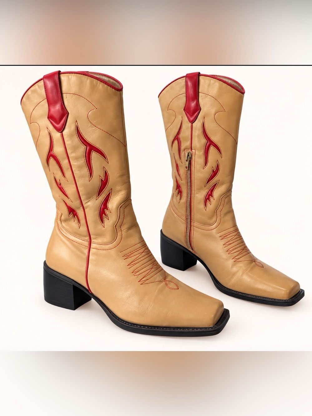 Details Women’s Tan Red Leather Western Cowboy Boots Size 8B